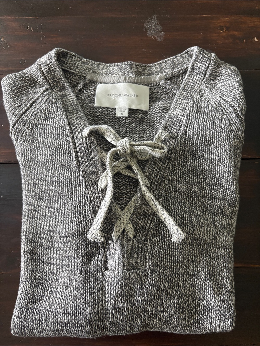 Brochu Walker Gray 100% Linen V-Neck Lace-Up Sweater